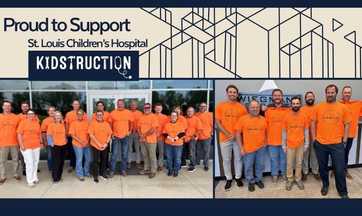 Wiegmann Associates team members wear orange KIDStruction t-shirts.