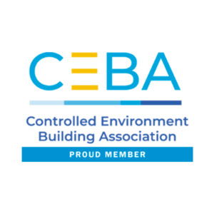 blue and yellow Controlled Environment Building Association logo with proud member text label