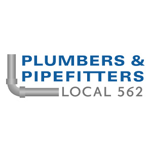 blue and gray text logo Plumbers & Pipefitters Local 562 with pipe image